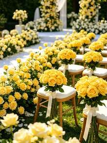 40pcs Artificial Rose Bouquet, Silk Artificial Flowers, Realistic Long Stem Rose Bouquet, Suitable For Wedding Decoration, Bridal Shower Centerpiece, Floral Arrangement, Party Home Table Decor, Living Room Decor, Birthday Decor, Home Decor Living Room, Thanksgiving Decoration, Anniversary Decoration, Bedroom Decor, Room Decor, Birthday Gift, Holiday Decoration. - Yellow - View 5