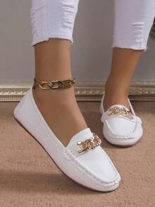 Women's Spring New Golden Chain Elegant Loafers, Lightweight Comfortable Versatile Rubber Flat Slip-On Shoes - White - View 5