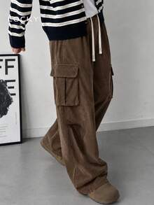 1pc Men's Spring/Autumn American Street Style Corduroy Multi-Pocket Drawstring Casual Long Pants - Brown - View 7