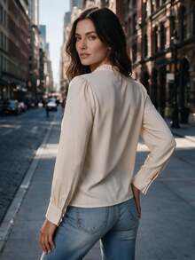 Women's Ruffle Collar Button-Front Puff Sleeve Blouse, Casual Top, Suitable For Autumn/Winter Daily Commute And Outings - Khaki - View 7