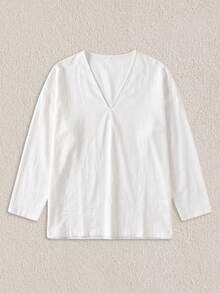 Mercer Haus Mens Solid Color V Neck Long Sleeve Shirt, Casual Pullover Top, Minimalist Versatile Home Commute Outdoor Wear - White - View 3