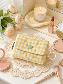 1pc Checkered Quilted Earbud Carrying Bag Multi-Use Small Fabric Pouch With Keychain Ring Girly Earphone Case Cute Mini Storage Bag For Tiny Items - Multicolor - View 9