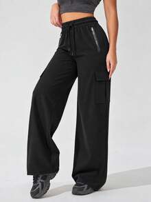Women's Black Cargo Pants With Drawstring Elastic Waist, Wide Leg, Zipper And Flap Pockets, Casual Sport Style - Black - View 5