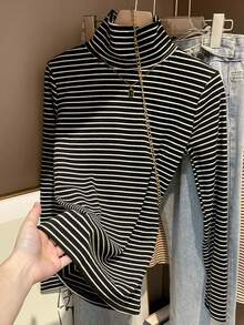 Áo thun nữ cổ cao tay dài kẻ sọc đen trắng, vải polyester co giãn vừa, đồ mặc hằng ngày mùa thu thiết yếu - màu đen - Xem 3