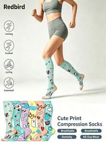 Unisex 1/3 Pairs Holiday Print Over-The-Knee Compression Socks, Halloween Christmas New Year Sports Fitness Compression Socks, Random Color - Multicolor - View 1