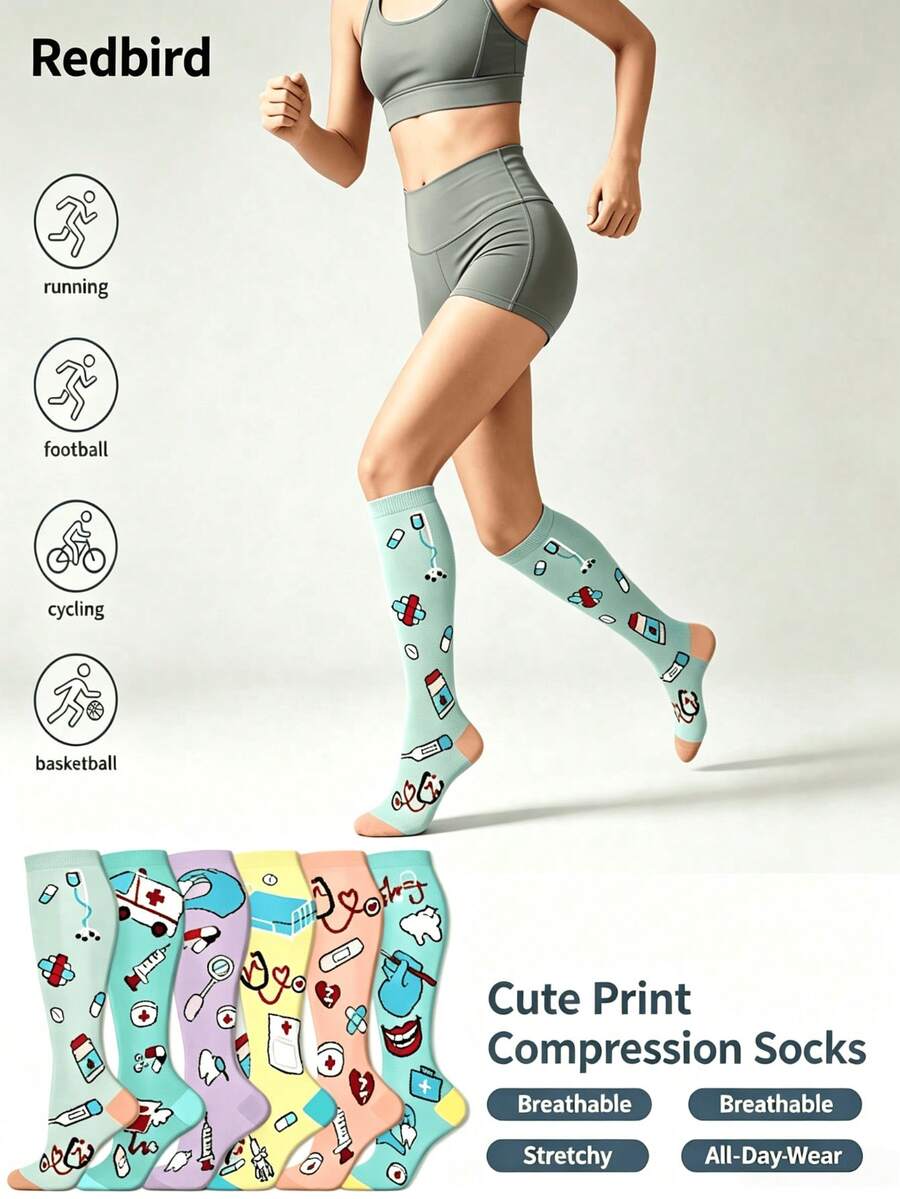 Unisex 1/3 Pairs Holiday Print Over-The-Knee Compression Socks, Halloween Christmas New Year Sports Fitness Compression Socks, Random Color - Multicolor - View 1