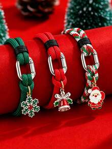1pc Christmas Braided Rope Bracelet, Santa Claus Snowflake Bell Enamel Pendant Carabiner Wristband, Unisex Stackable Holiday Jewelry, Christmas Gift - Christmas Bracelet - View 6