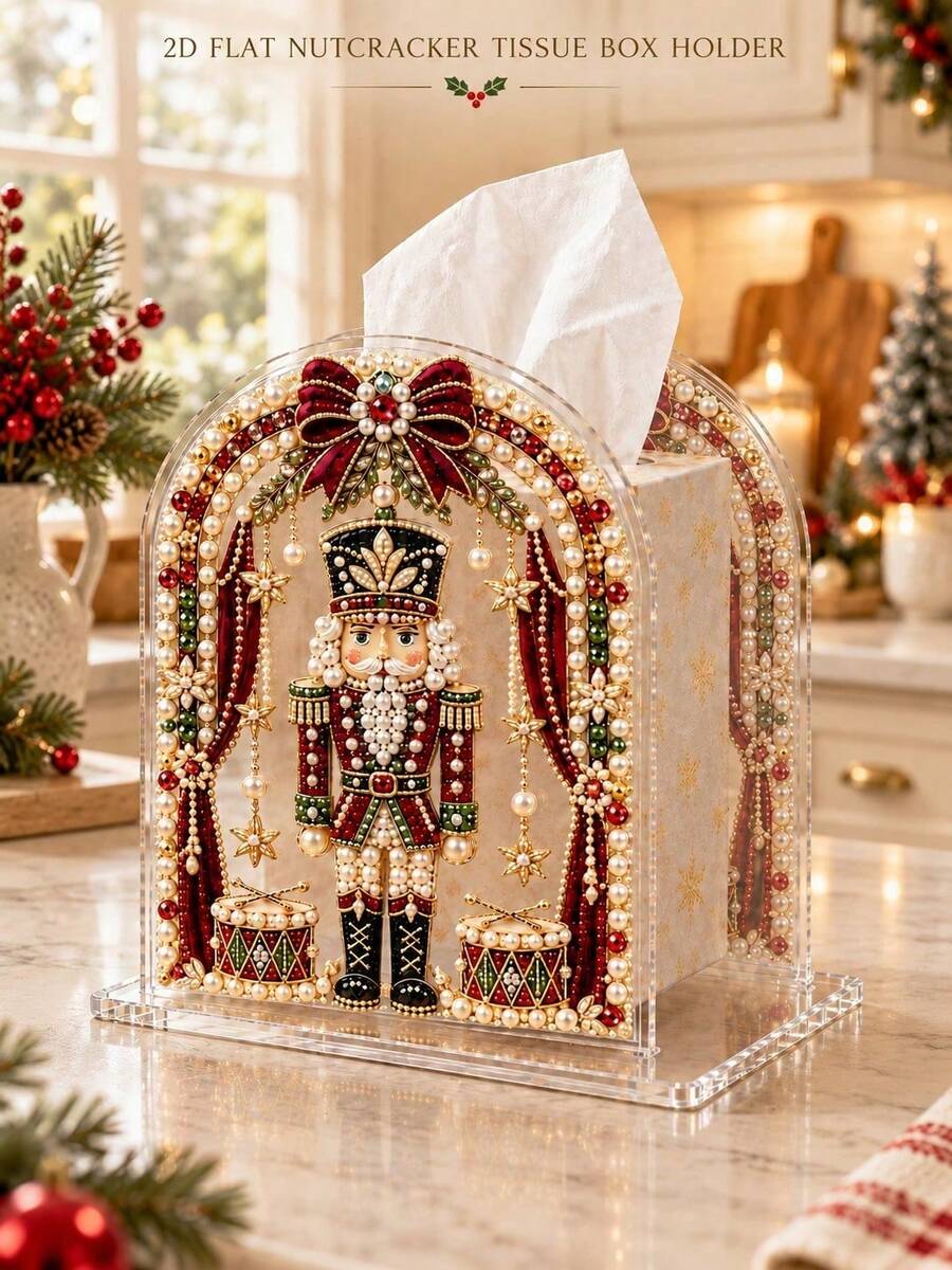 2D FLAT Christmas Decorative Napkin Holder - Desktop Napkin Storage Box (Combines Display And Storage Functions), Nutcracker Design, Suitable For Kitchen, Bathroom, Living Room And Dining Room, Decorative Ornament To Create A Warm Christmas Atmosphere - Multicolor - View 1