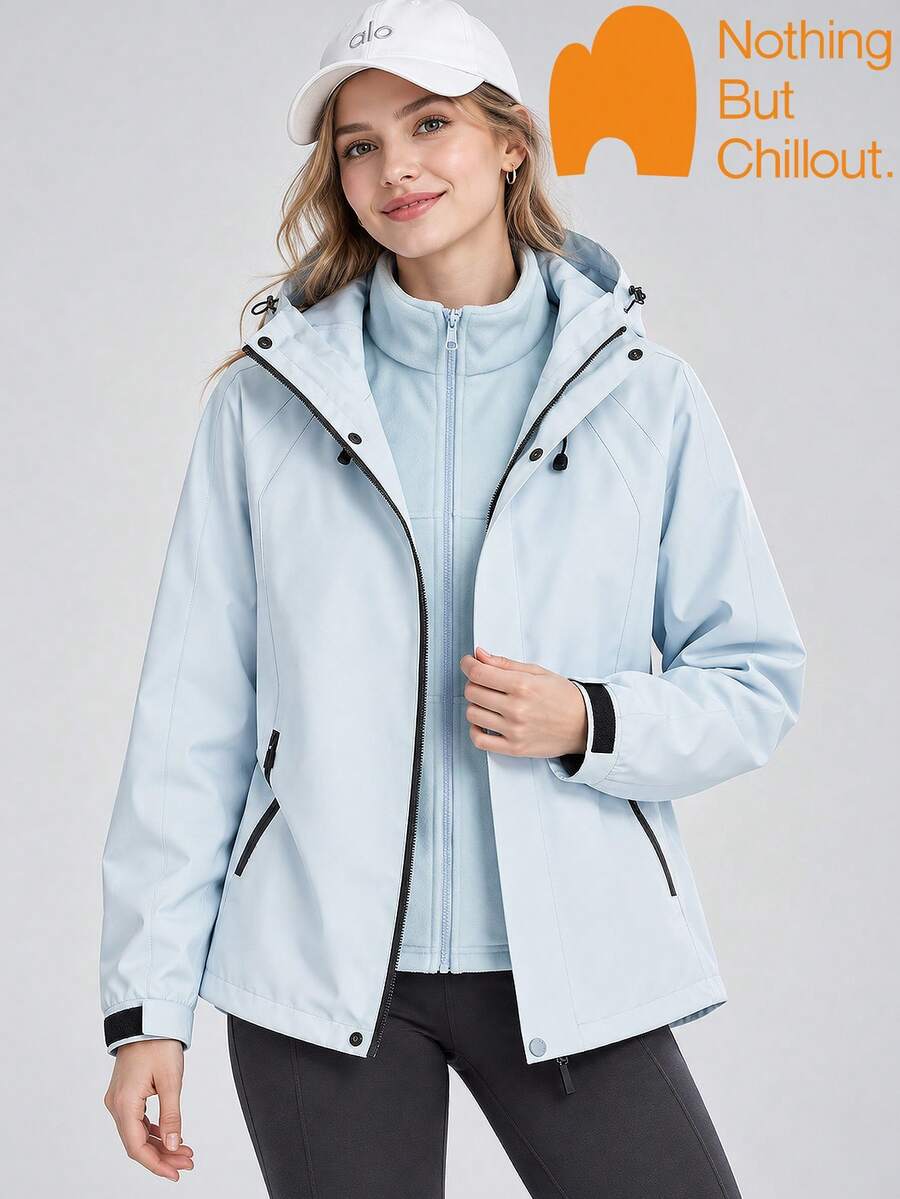 NBCT Women's 2-In-1 Colorblock Outdoor Jacket, Drawstring Hood, Hook And Loop Cuffs, Zipper Pockets, Urban Casual Hiking Travel Sports Top Outerwear - Removable Inner Basket - View 1