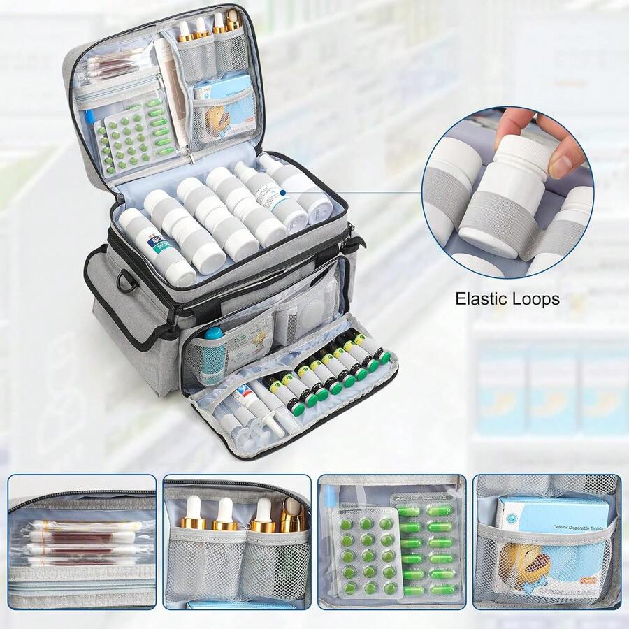 Large Capacity Medicine Storage Bag, Home First Aid Kit With Adjustable Shoulder Strap, Multi-Pocket Compartment Pill Bottle Organizer Bag - View 1