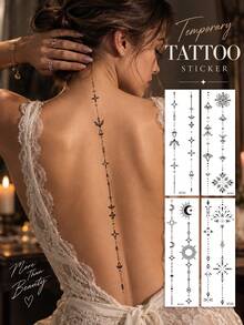 4Pcs Minimalist Line Sun Moon Star Geometric Long Temporary Tattoo Stickers Set, Waterproof And Long Lasting, Body Stickers For Collarbone, Arm, Back, Chest And Thigh For Women, Lasts 2-5 Days - Black - View 1