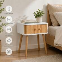 Wooden Nightstand With Slatted Drawer And Solid Wood Legs, Modern Side Table 40 X 30 X 47 Cm For Bedroom And Living Room With Matte Finish - A - View 3