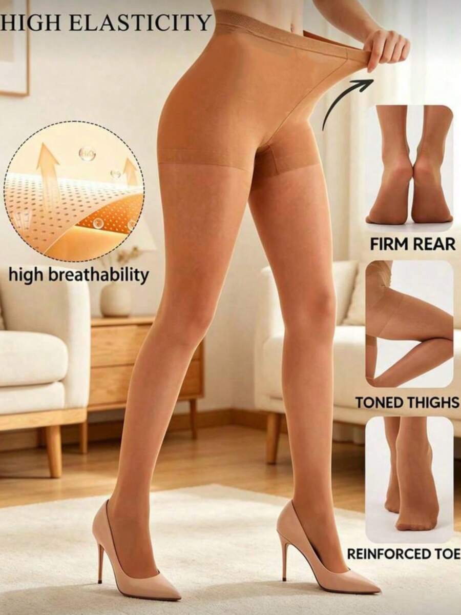 40D 2-Pack Women's Tummy Control & Butt Lifting Tights, Suitable For Daily Casual, Party, Date Wear - Apricot - View 1