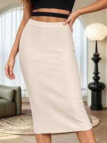 Women's Elegant Fitted Mid-Length Pencil Skirt With Bandage Slit Detail And Back Zipper - Apricot - View 3