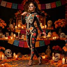 Mono Enterizo Mujer Manga Larga Estampado Esqueleto con Flores Día de los Muertos, Body Ajustado para Cosplay, Ideal para Fiestas Temáticas, Disfraces y Eventos de Halloween - Negro - Ver 4