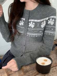 Cardigan Rajut Lengan Panjang Leher Bulat Motif Fair Isle untuk Wanita - Grey - View 5