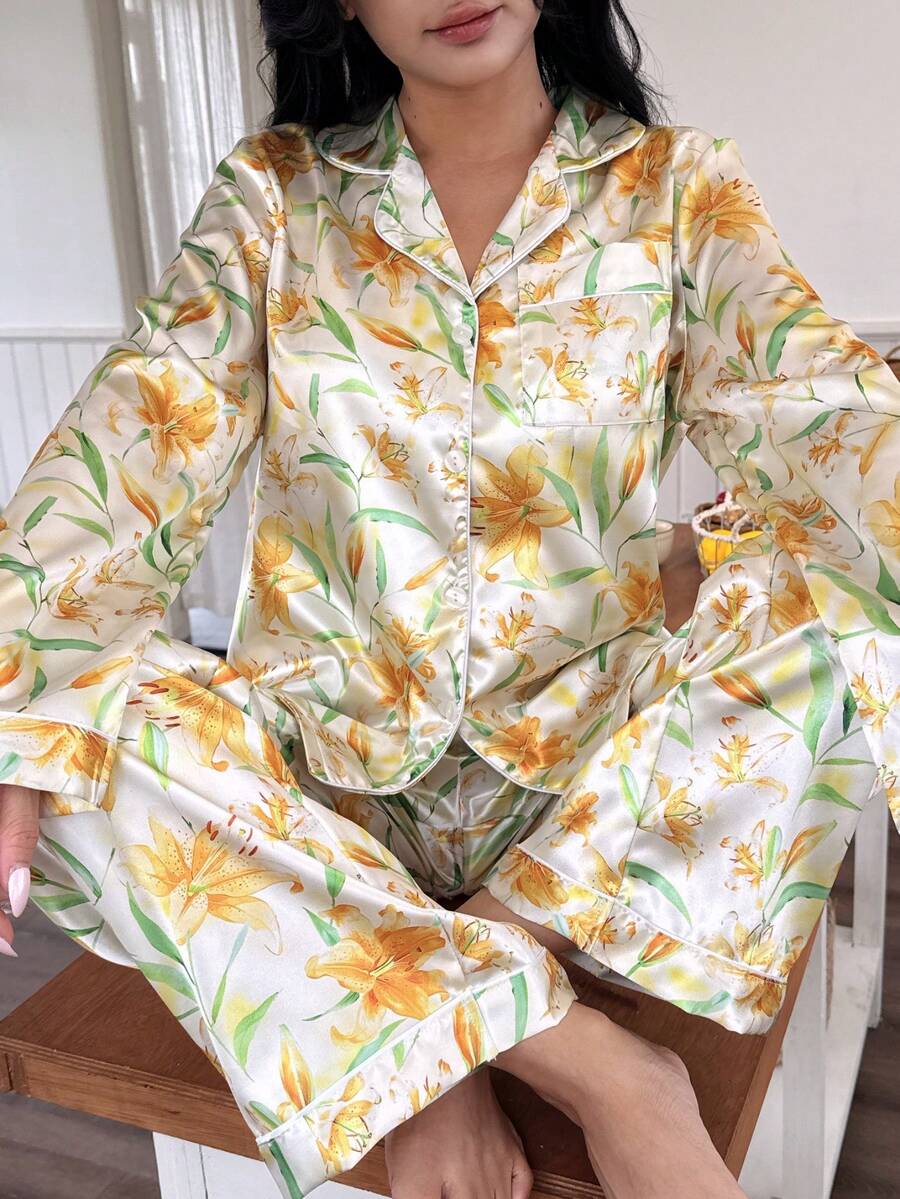 2pcs/Set Women's Floral Long Sleeve Long Pants Pajama Set - Multicolor - View 1
