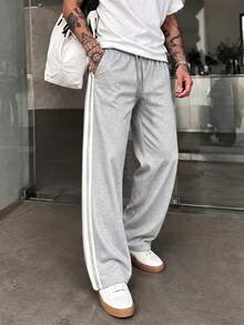 American Street Style Side Stripe Sweatpants, Straight Leg Draped Casual Pants For Men, Versatile Grey Sports Long Pants For Daily Commute/Sports - Light Grey - View 2