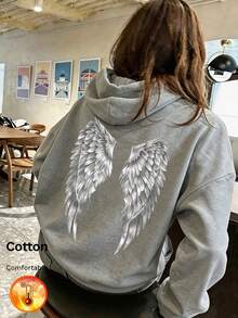 Women's Silver Wing Print Fleece Hoodie, Long Sleeve Pullover, Large Back Graphic Design, Soft And Comfortable, Y2K Style - Gray - View 9