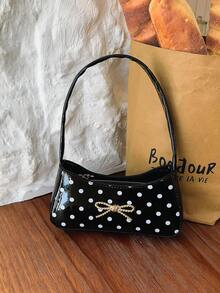 Girls Sweet Polka Dot Underarm Bag, Bow Decor Handheld Small Bag, Versatile One Shoulder Baguette Bag, Outfit Accessory - A - View 9