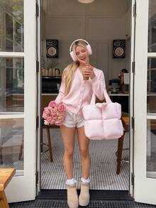 Áo cardigan len đan màu hồng cho mùa Thu/Đông, cổ chữ V, viền ren, áo len basic - Hồng - Xem 8