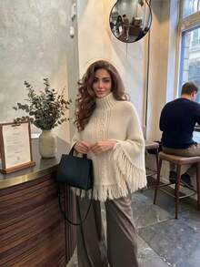 MORI Autumn/Winter Beige Hollow Knit High Neck Tassel Shawl Sweater Cape Coat Women's Coffee Date Outfit Top - Apricot - View 7