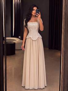 Women's Luxury Sequin Strapless Square Neck Full Skirt Maxi Ball Gown, Suitable For Formal Occasions - Champagne - View 4