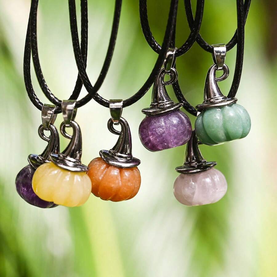 Halloween Pumpkin Witch Hat Black Leather Cord Necklace - Multicolor - View 1
