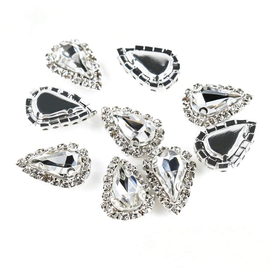Sunflower-Shaped Silver Base Crystal Buckle, White Diamond 10pcs Hand-Sewn Rhinestones, Inlaid Glass Crystal Hand-Sewn Rhinestones, Clear Sparkling Rhinestone Sewing Accessories, Bridal Waist Chain Dance Costume DIY Decorative Trimmings - Seed-shaped, Silver-tone Crystal Clasp, White Diamond - View 1