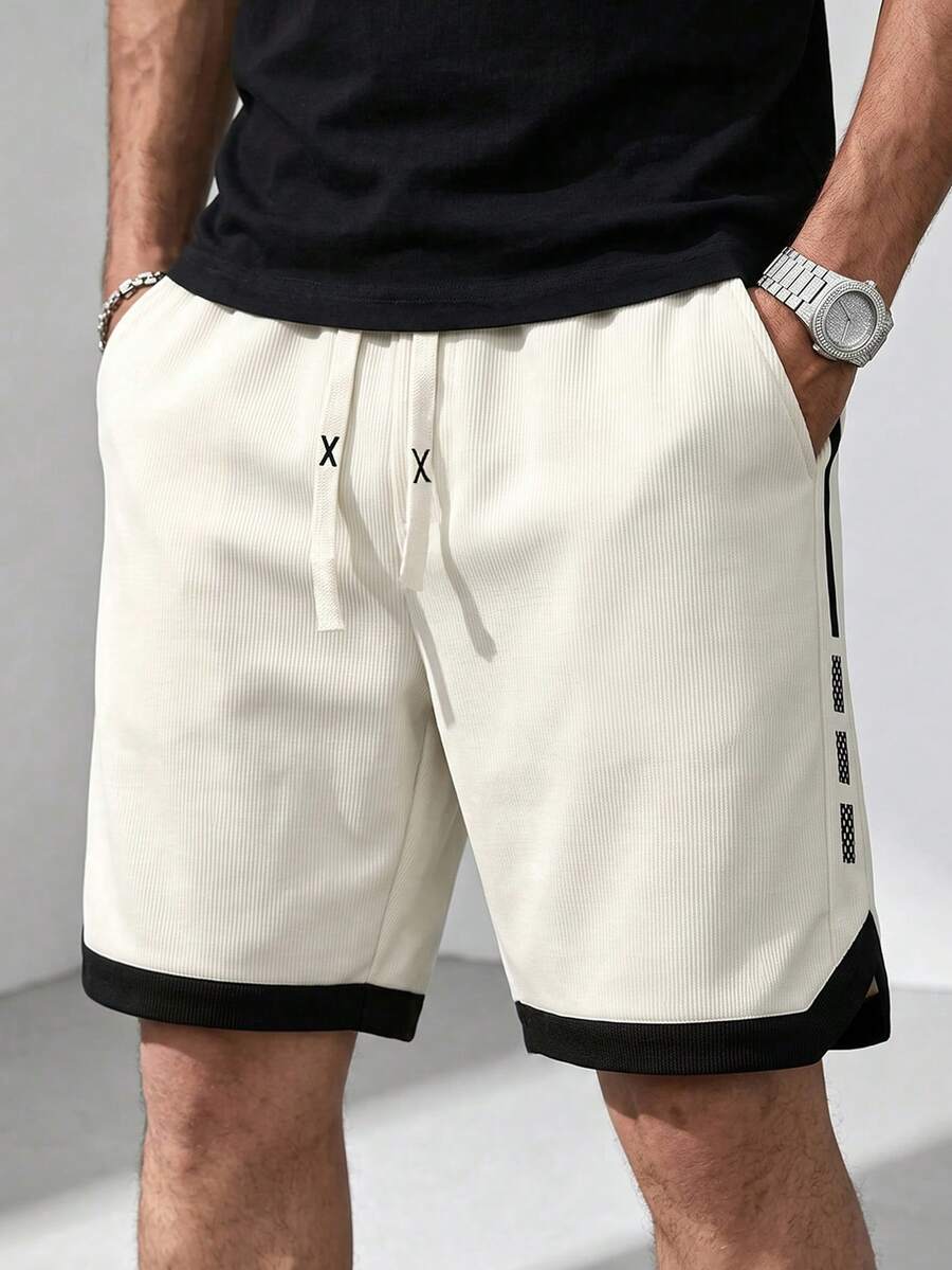 Men's Summer Drawstring Waist Colorblock Casual Daily Sports Shorts - Beige - View 1
