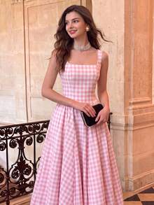 Dirp Noir Women's Elegant Plaid Square Neck Wide Strap Ruched Midi Dress, Suitable For National Day, Graduation, Back To School, Party - Baby Pink - View 6