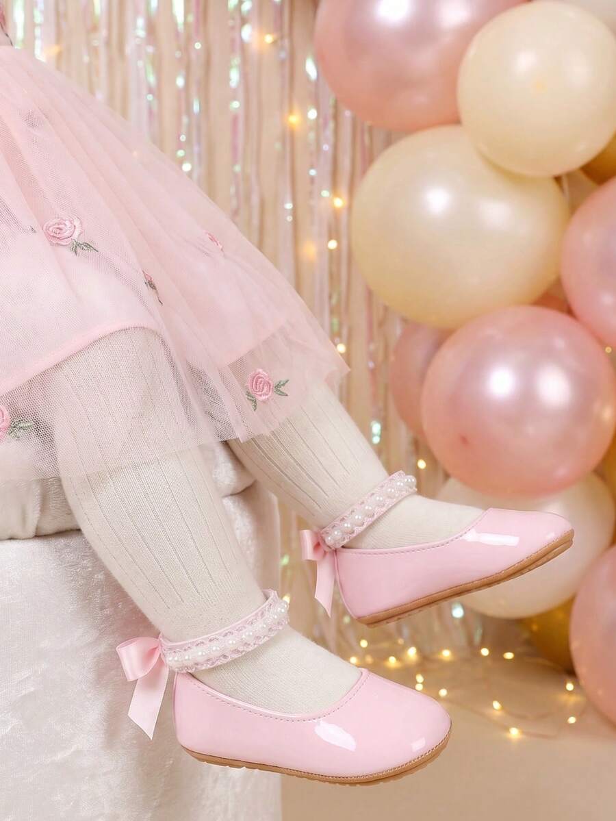 1 Pair Girls Solid Color Bow PU Hook & Loop Design Soft Sole Non-Slip 0 ...