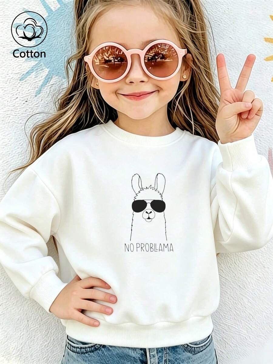 Kids Crewneck Sweatshirt With Cool Sunglasses Rabbit Graphic And 'NO PROBLAMA' Text, White Long Sleeve Cotton Top - White - View 1