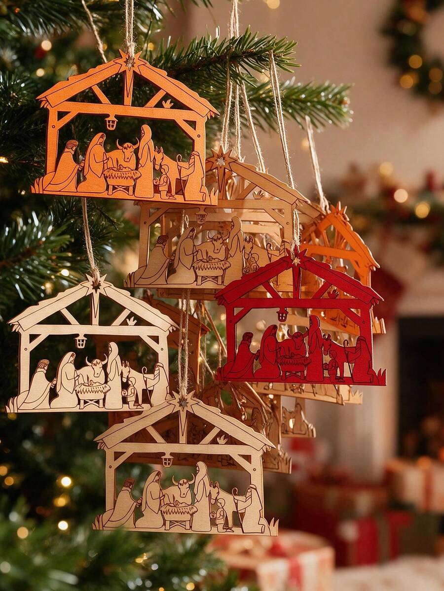 10pcs Wooden Nativity Scene Ornament Set – Cutout-Style Wooden Christmas Decorations And Tree Ornaments; Suitable For Creating A Festive Atmosphere, Wedding Styling, And General Holiday Home Decor - Multiple Styles - View 1