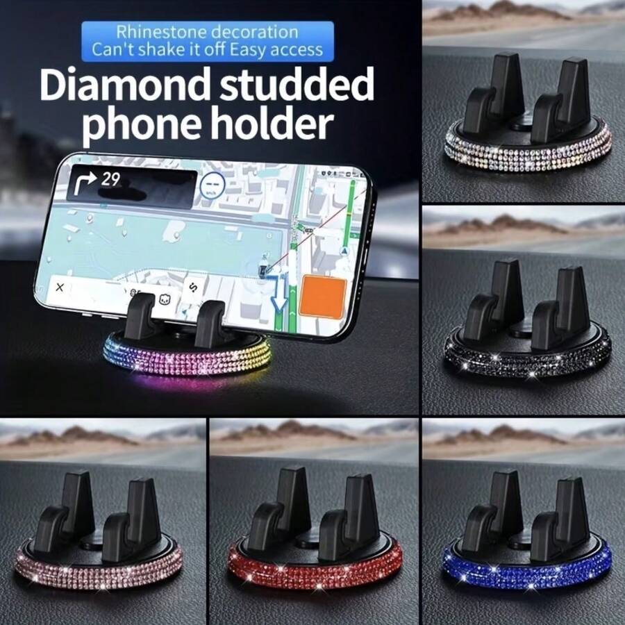 Upgraded Car Phone Holder With Diamond-Studded Center Console, 360° Rotatable Navigation Mount, Black Blue Red Silver Pink - A - View 1