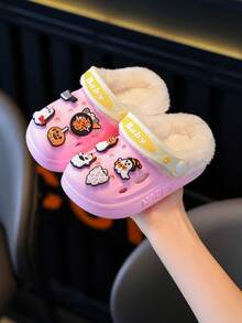 Halloween Cartoon Ghost Pumpkin Charm Fuzzy Lined Clogs For Toddler Kids, Warm Plush Slip On Winter Garden Slippers Non-Slip Thick Sole House Shoes - Pink - View 12