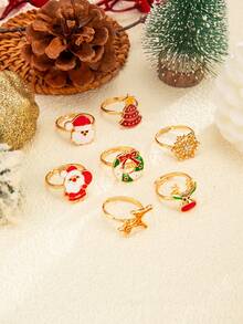 7pcs Christmas Cartoon Oil Drop Ring Set, Santa Claus, Reindeer, Snowflake, Christmas Tree Gold Open Finger Rings, Women's Holiday Jewelry - Multicolor - View 5