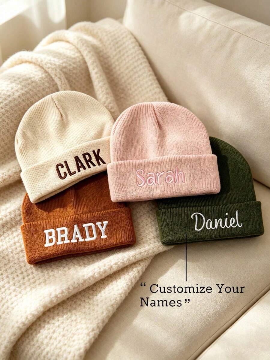 Custom Text/Logo Knitted Beanie, Solid Color Elastic, Unisex Design, Foldable Style, Essential For Autumn/Winter Outdoor Warmth - Multicolor - View 1