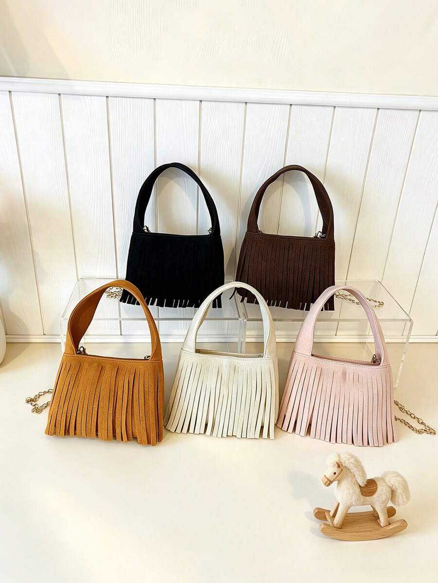 Children's Suede Tassel Handbag, Girls' Vintage Chain Crossbody Small Bag, Baby Stylish Handheld Coin Purse, Suitable For Daily Use - A - View 1