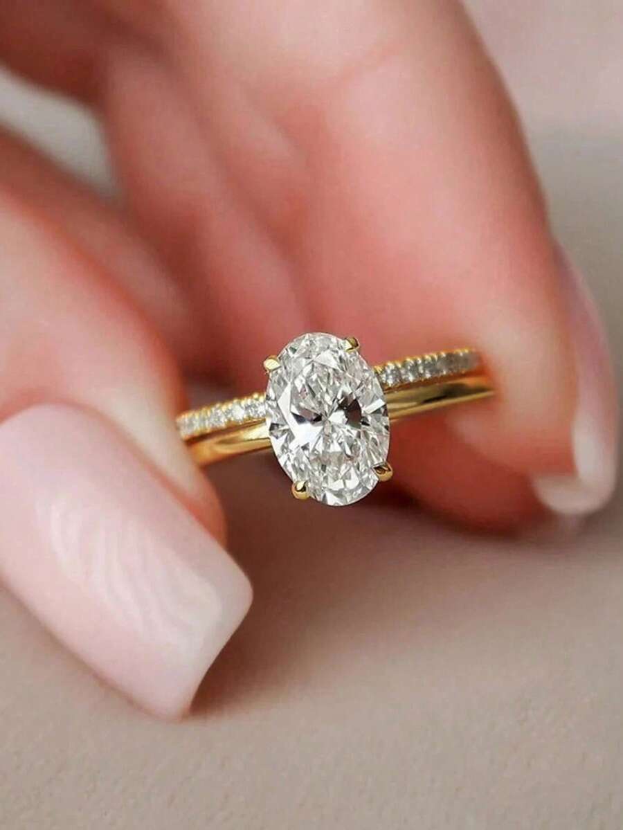 2pcs/Set 4-Prong Single Diamond Ring, Shiny Luxury Promise Ring, Elegant Jewelry, Suitable For Wedding, Prom And Other Occasions - Oval - View 1