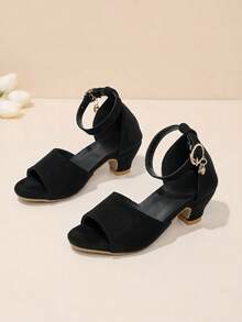 Girls' Simple Black Open Toe Rhinestone Pendant Buckle High Heel Sandals, Suitable For Birthday Party, Performance, Dress Matching - Black - View 2