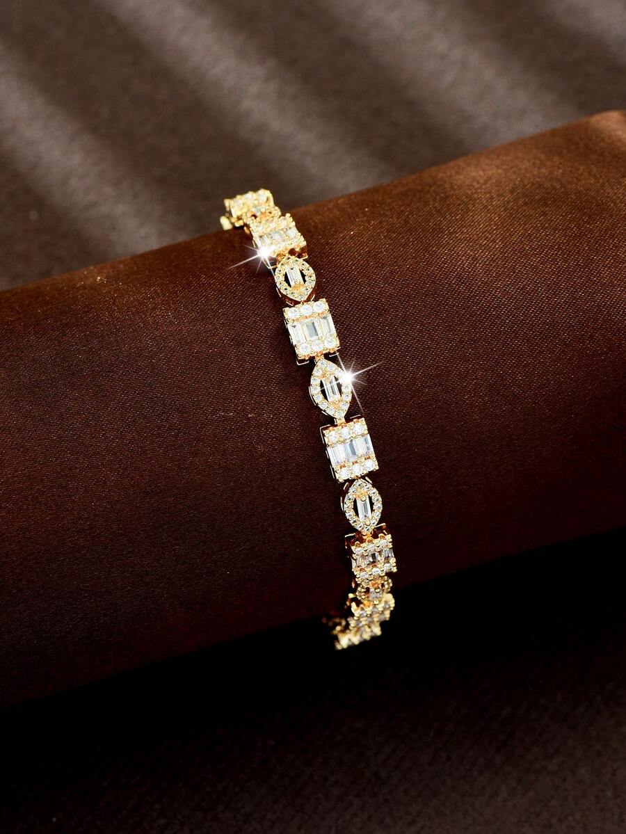1pc Modern Geometric Style Multi-Shape Trapezoid & Horse Eye Zirconia Inlaid Thin Bracelet, Daily Layering Streetwear Vibe Accessory - Gold - View 1