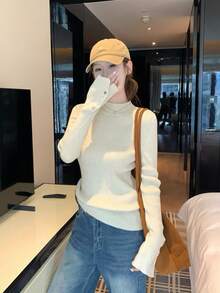 Seamless Half-High Neck Button-Up Slim Fit Women's Autumn Tight Knit Base Layer Sweater - Khaki - View 3