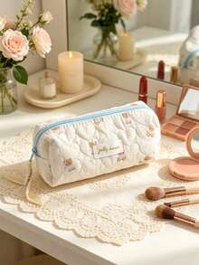 Cute Blue Bear Pattern Makeup Bag, Large Capacity Heart-Shaped Quilted Storage Bag, Multi-Functional Wash Bag,Includes Mesh Pockets,Pen Holder/Handbag - Blue - View 2