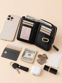 1PC Women's Short Wallet, PU Leather Zipper Coin Purse With Buckle, Multi Card Slots & Cash Compartment, Compact Everyday Wallet For Travel - Multicolor - View 2