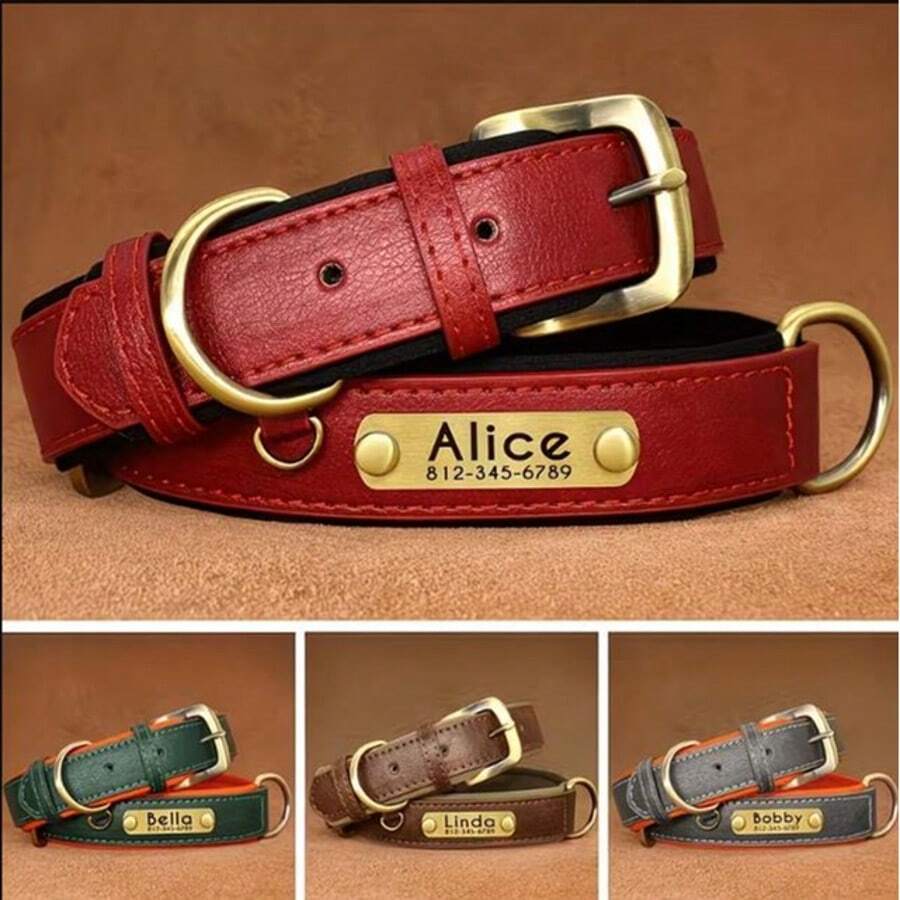 PU Leather Dog Collar, Personalized With Engraved Nameplate, Comfortable Lining And Vintage Metal Buckle, Comfortable And Fashionable, Soft And Durable Leather Collar, Suitable For Walking, Training, Hunting And Running - Multicolor - View 1