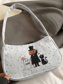 1pc Halloween Theme Print Corduroy Shoulder Bag, Underarm Bag, Large Capacity Storage, Zip Closure Y2K Baguette Handbag For Daily Travel Gift - Multicolor - View 11