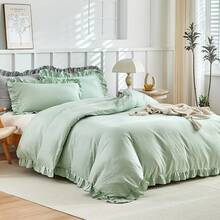 2/3pcs French Ruffle Solid Color Duvet Cover Set, Romantic Bedding, With Ruffle Trim Decoration And Zipper Closure, Soft Microfiber, Suitable For Bedroom/Dorm, Perfect Valentine's Day Gift For Women/Teenagers - Red Bean Paste Green - View 1