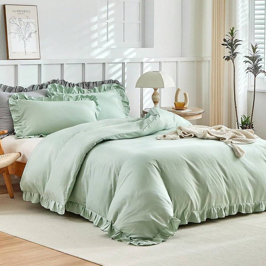 2/3pcs French Ruffle Solid Color Duvet Cover Set, Romantic Bedding, With Ruffle Trim Decoration And Zipper Closure, Soft Microfiber, Suitable For Bedroom/Dorm, Perfect Valentine's Day Gift For Women/Teenagers - Red Bean Paste Green - View 1