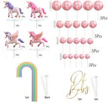33pcs/8pcs Unicorn Cake Topper Set, Rainbow And Pink Ball Cake Toppers, Acrylic Cake Decorations, Suitable For Birthday, Baby Shower Party Supplies - Multicolor - View 7